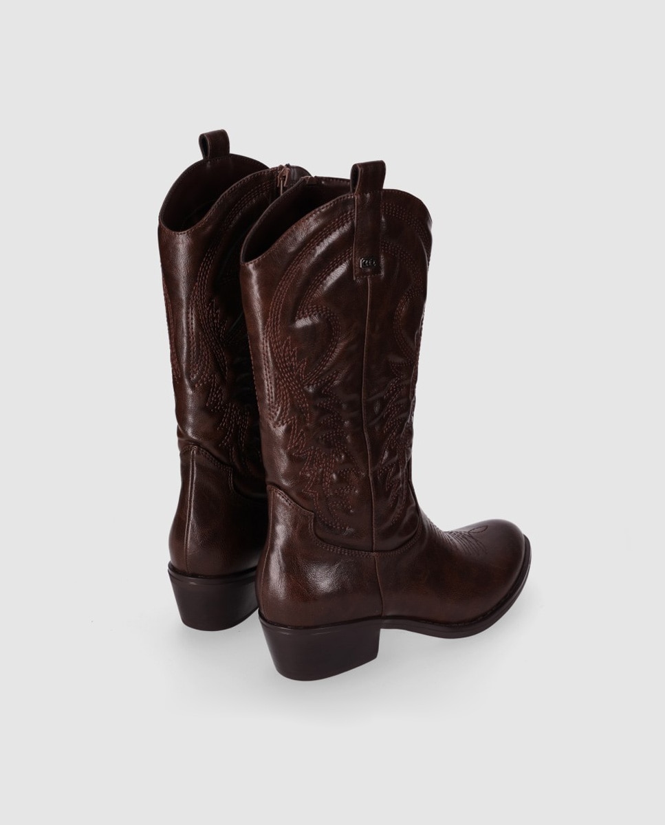 Botas cowboy de mujer con tacón medio y bordados decorativos - Chika10 - Marrón Marrón-3