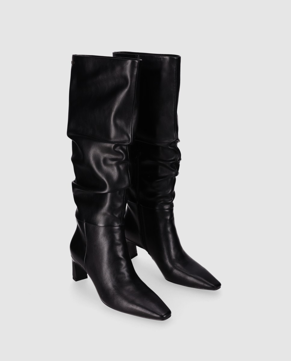 Botas básicas de mujer con caña alta efecto fruncido y puntera afilada - Chika10 - Negro Negro-2