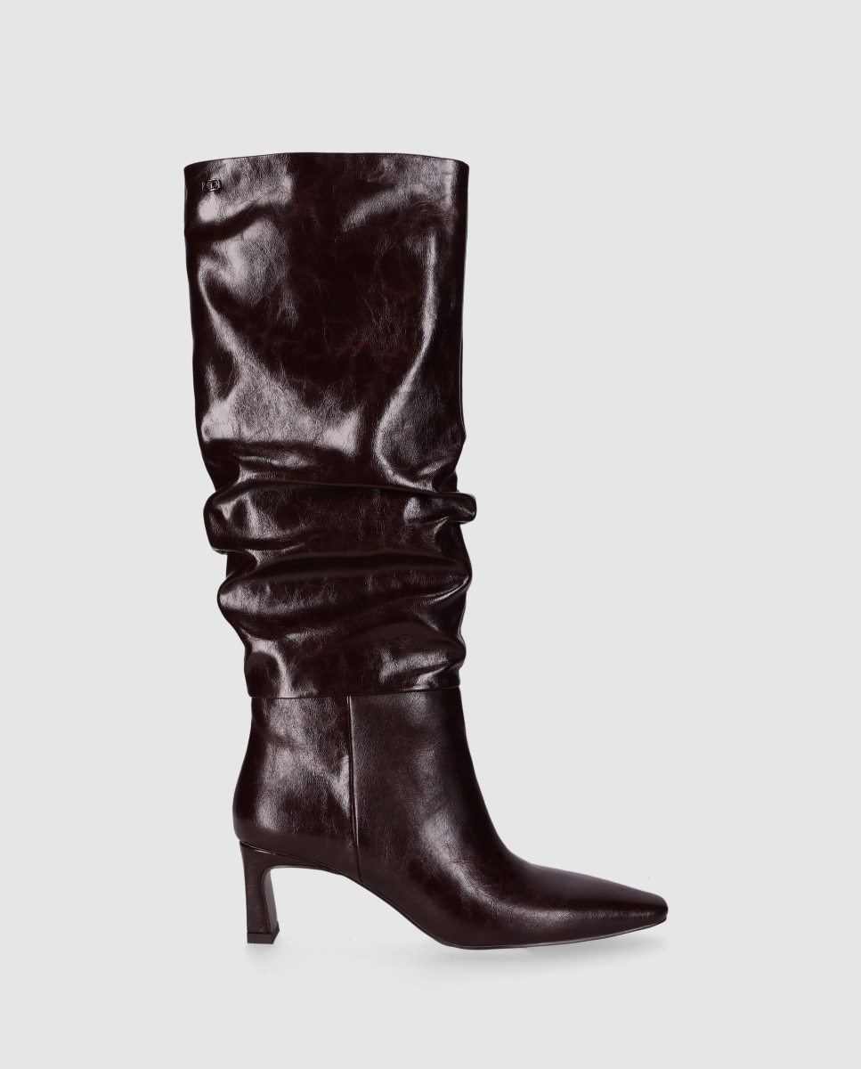 Botas básicas de mujer con caña alta efecto fruncido y puntera afilada - Chika10 - Marrón Marrón-1