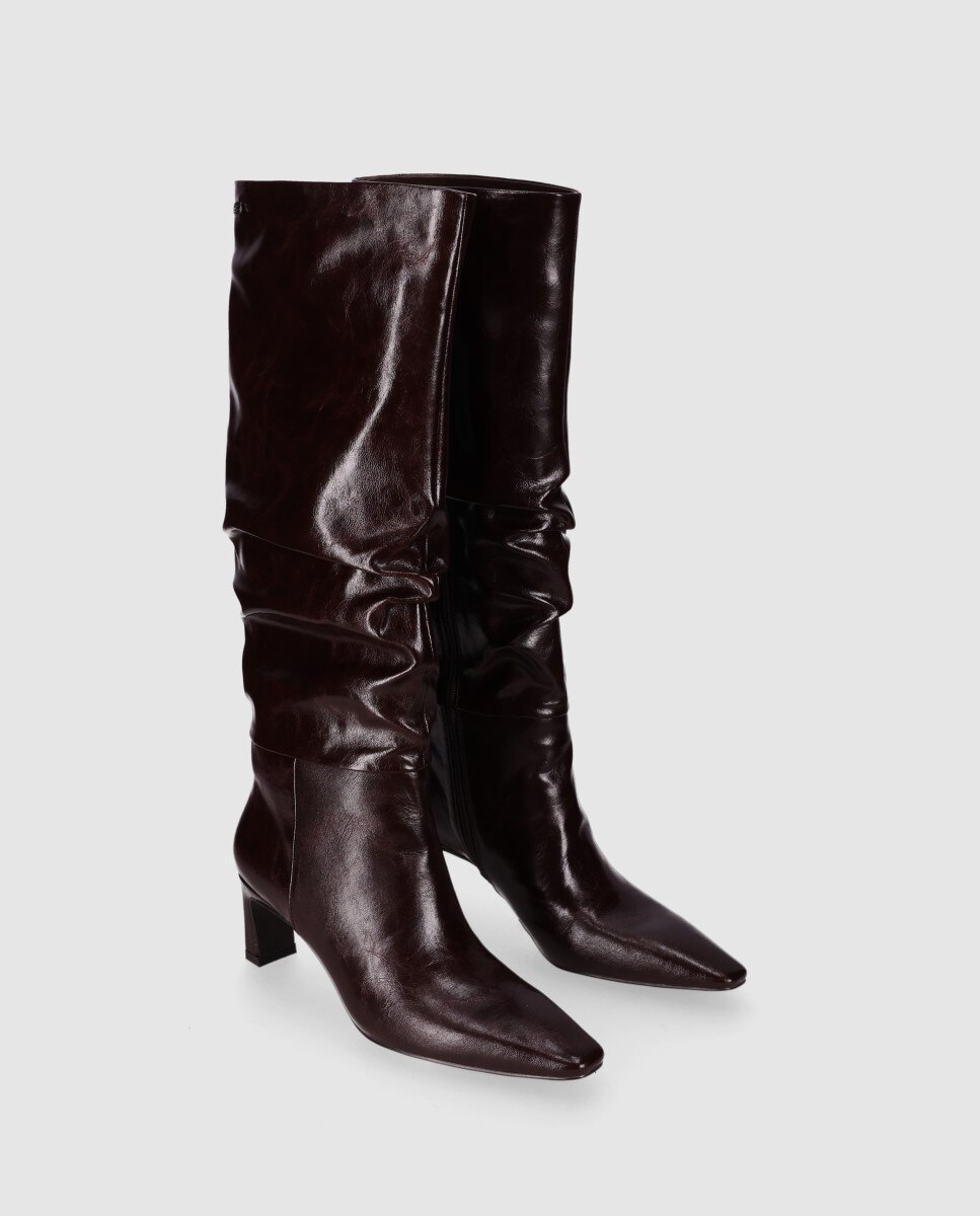 Botas básicas de mujer con caña alta efecto fruncido y puntera afilada - Chika10 - Marrón Marrón-2
