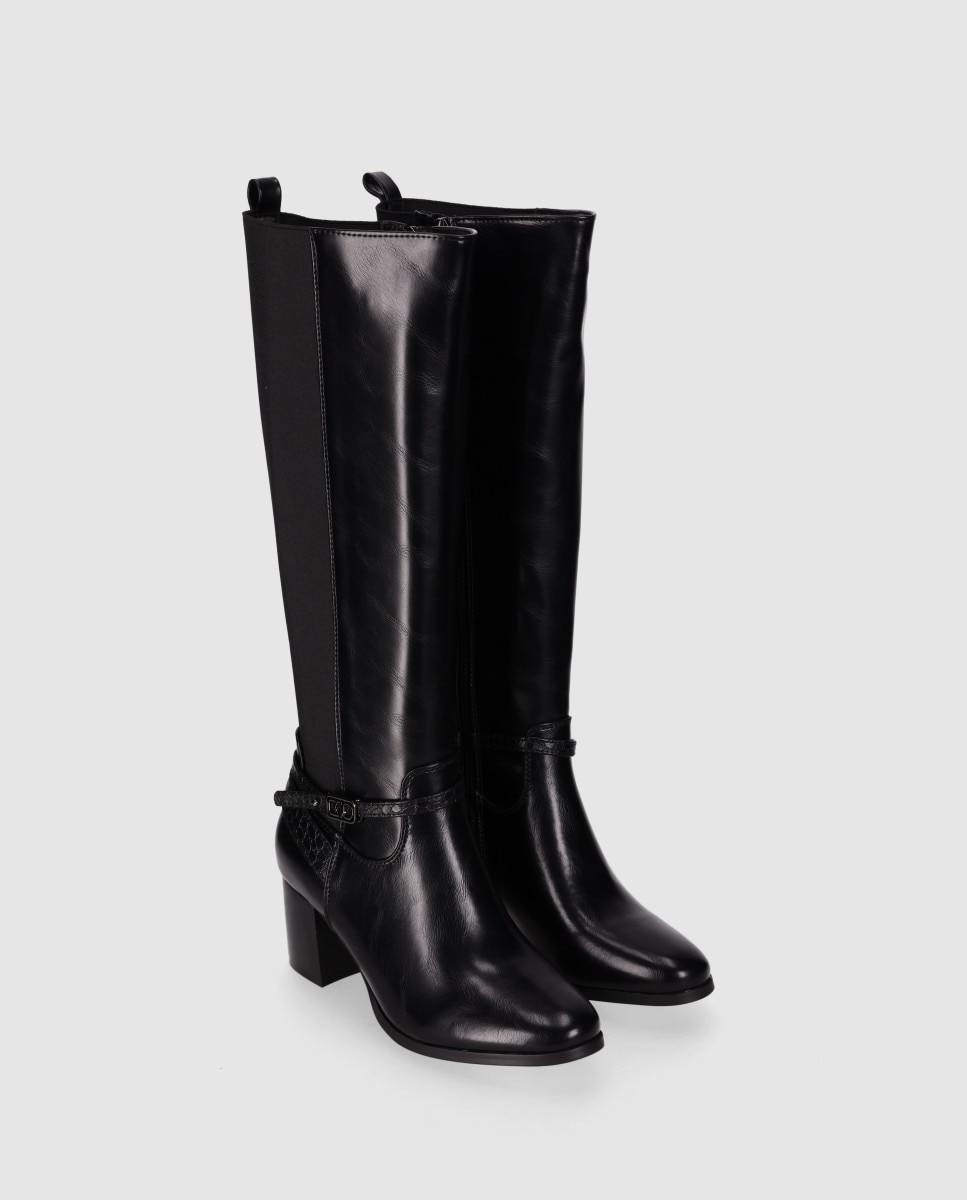 Botas básicas de mujer con tacón ancho que mezcla panel elástico con partes decorativas texturizadas - Chika10 - Negro Negro-3