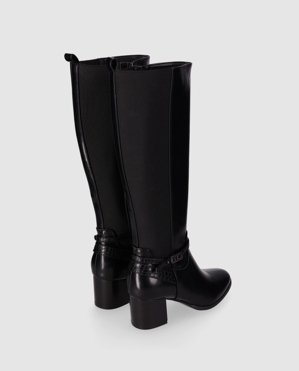 Botas básicas de mujer con tacón ancho que mezcla panel elástico con partes decorativas texturizadas - Chika10 - Negro Negro-2