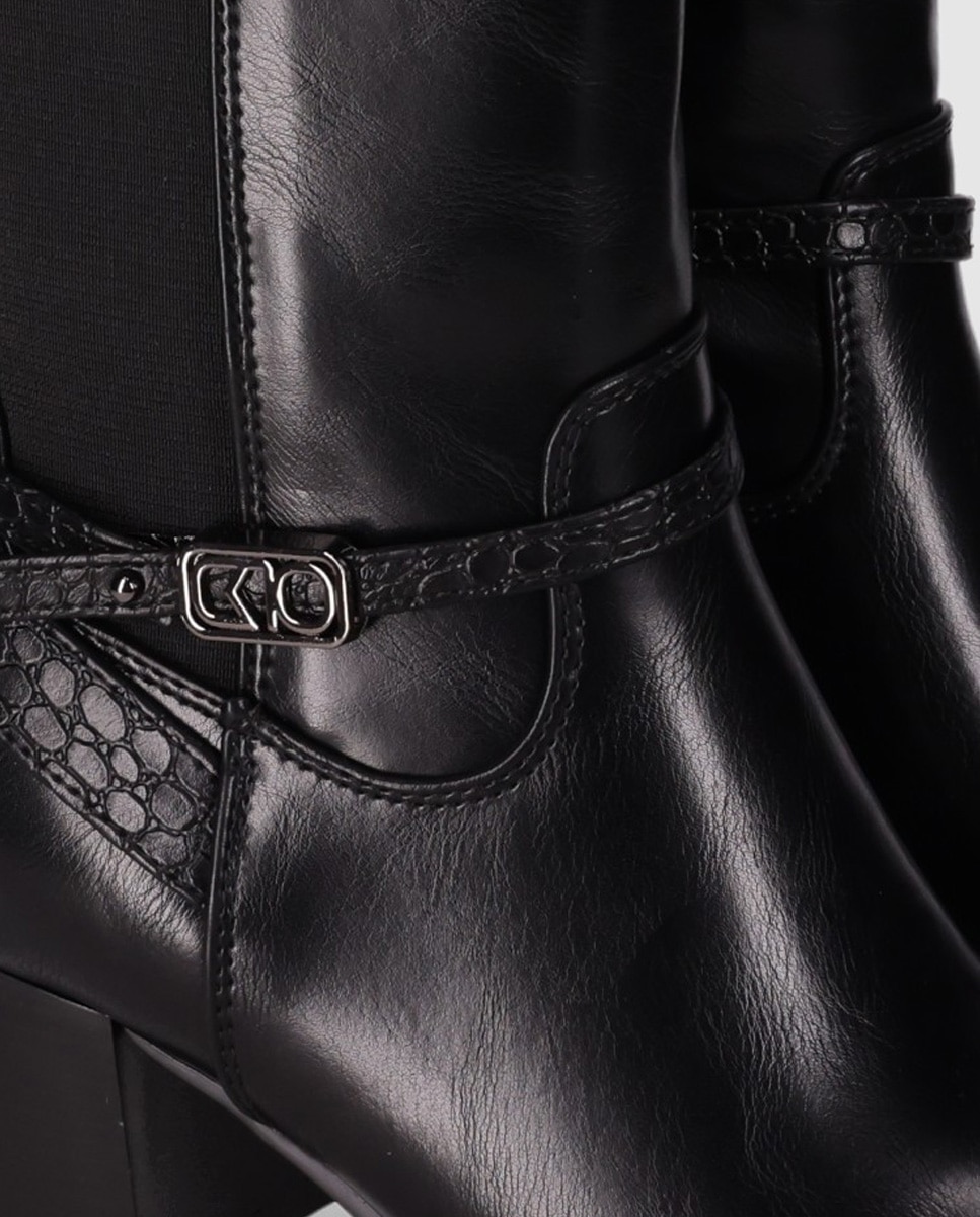Botas básicas de mujer con tacón ancho que mezcla panel elástico con partes decorativas texturizadas - Chika10 - Negro Negro-4