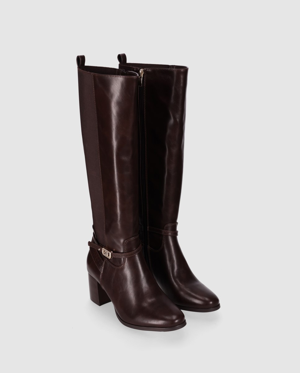 Botas básicas de mujer con tacón ancho que mezcla panel elástico con partes decorativas texturizadas - Chika10 - Marrón Marrón-2