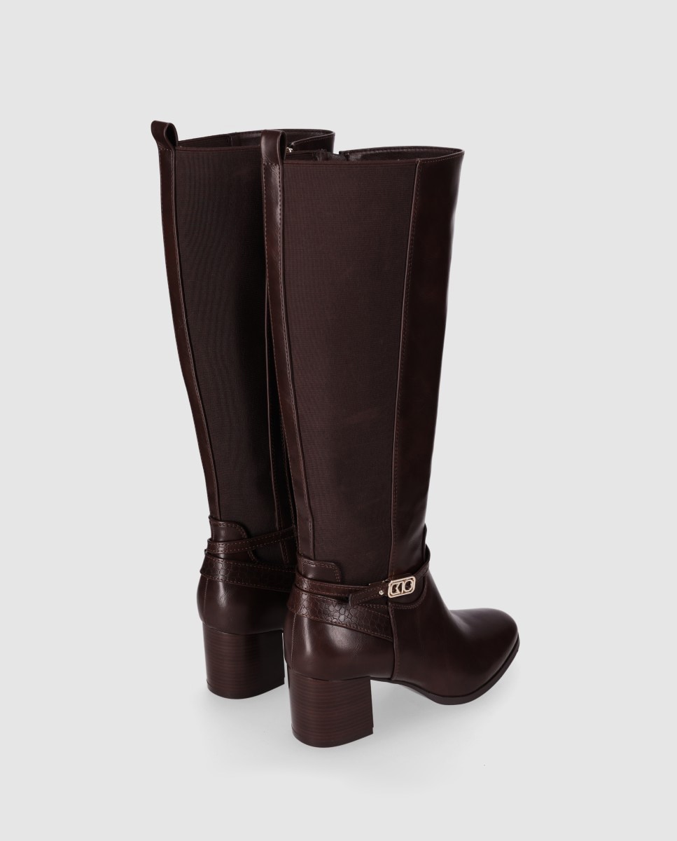 Botas básicas de mujer con tacón ancho que mezcla panel elástico con partes decorativas texturizadas - Chika10 - Marrón Marrón-3