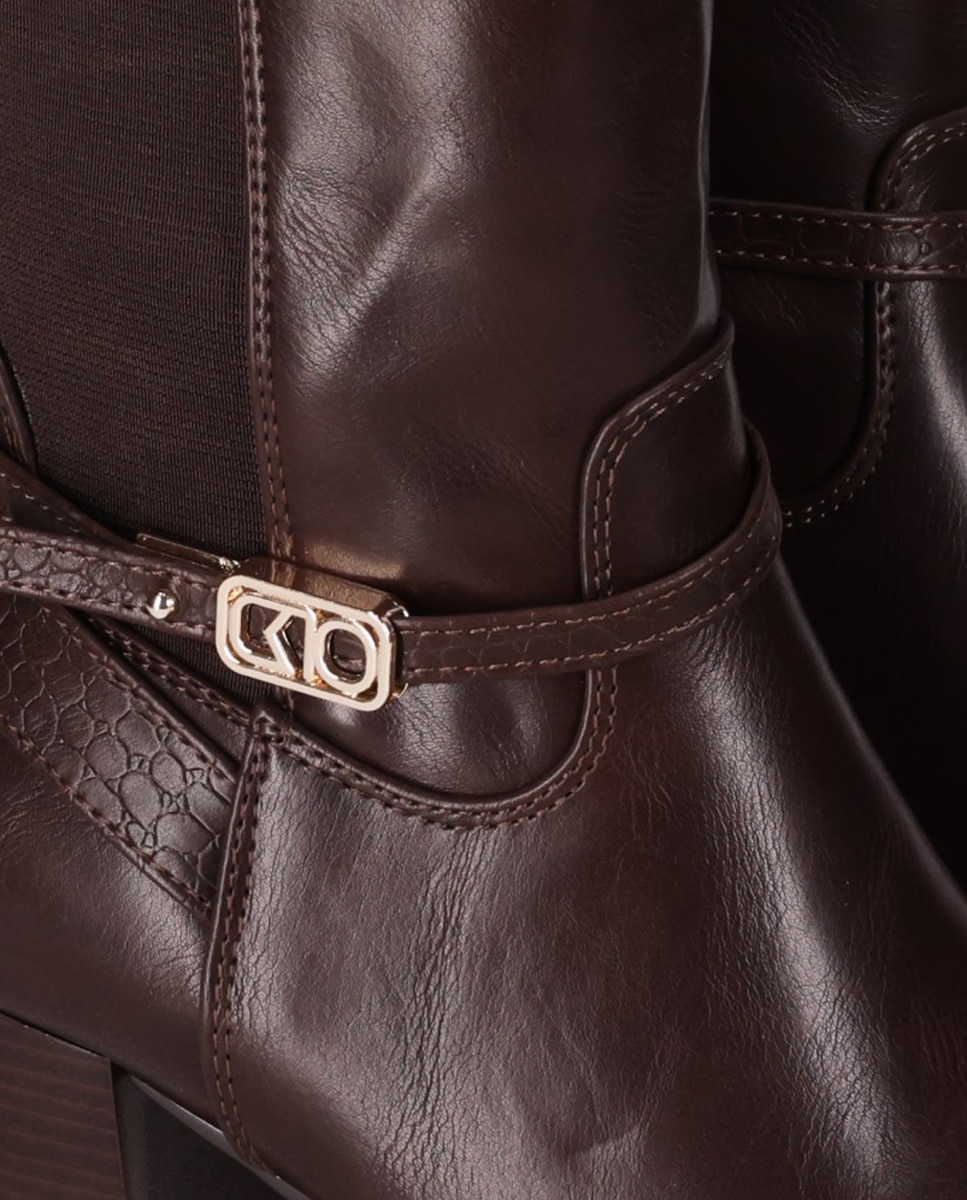 Botas básicas de mujer con tacón ancho que mezcla panel elástico con partes decorativas texturizadas - Chika10 - Marrón Marrón-4