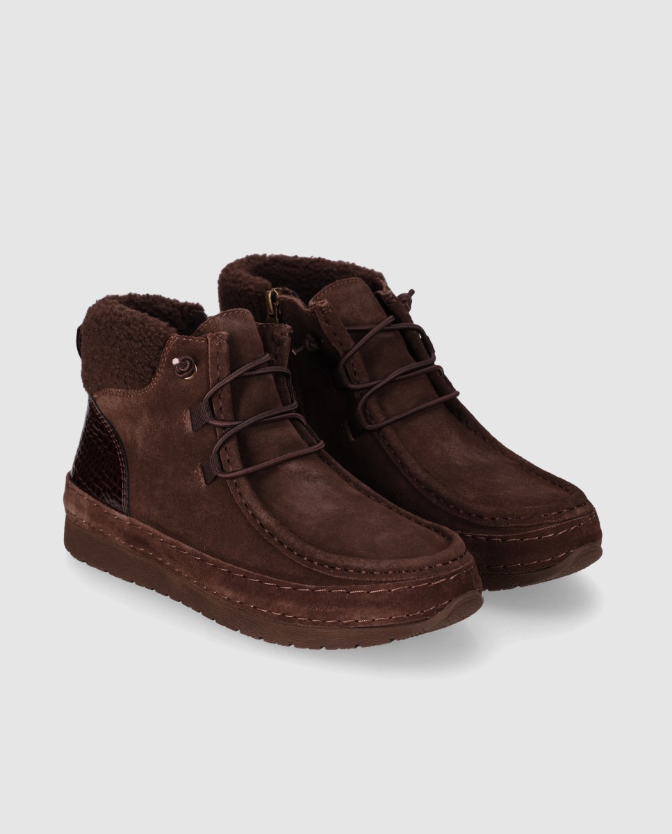 Zapatillas altas de mujer en serraje con interior efecto borreguito y mezcla de texturas - Chika10 - Marrón Marrón-3