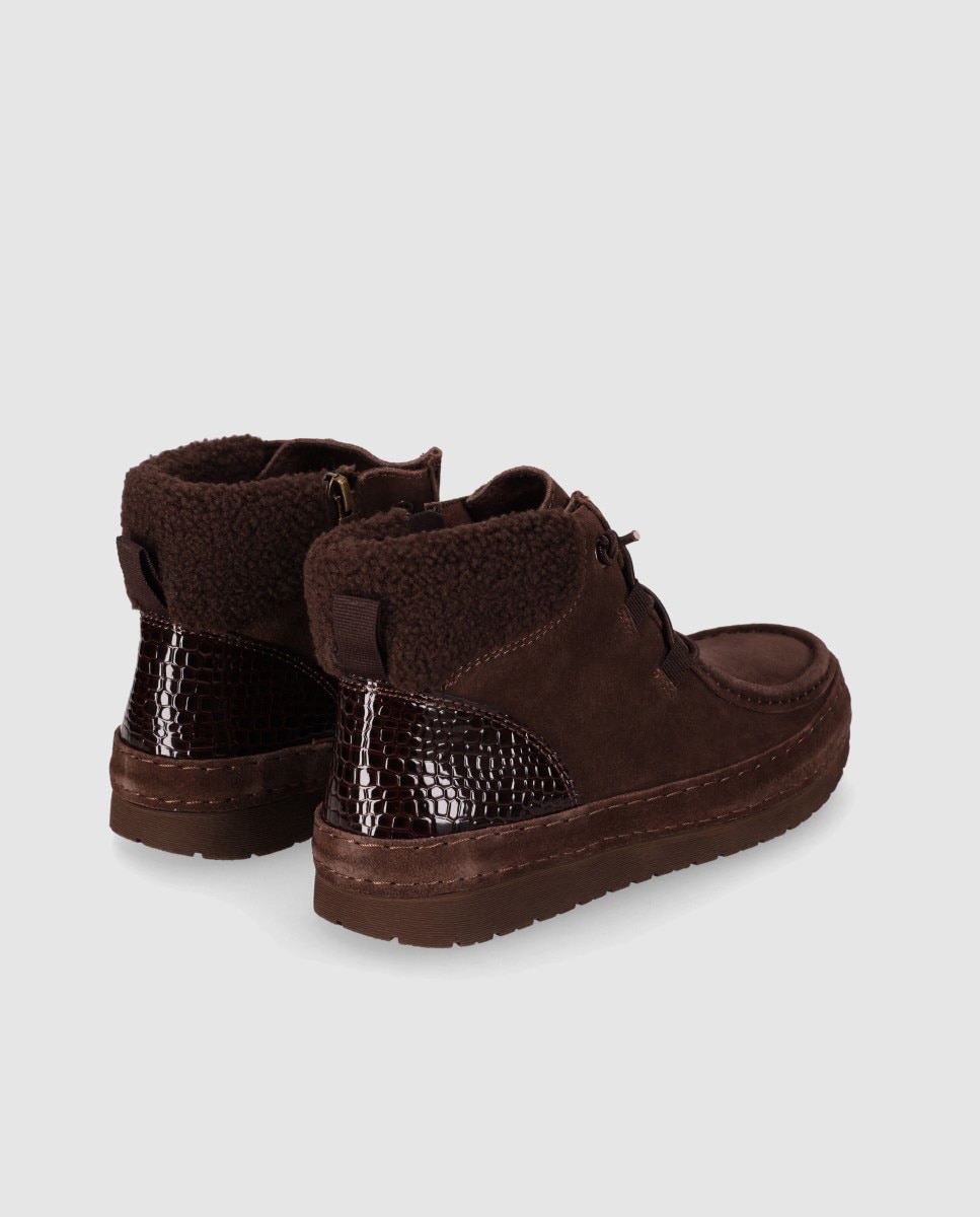 Zapatillas altas de mujer en serraje con interior efecto borreguito y mezcla de texturas - Chika10 - Marrón Marrón-2