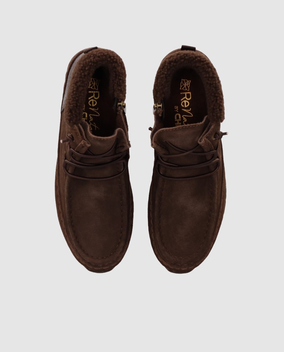 Zapatillas altas de mujer en serraje con interior efecto borreguito y mezcla de texturas - Chika10 - Marrón Marrón-4