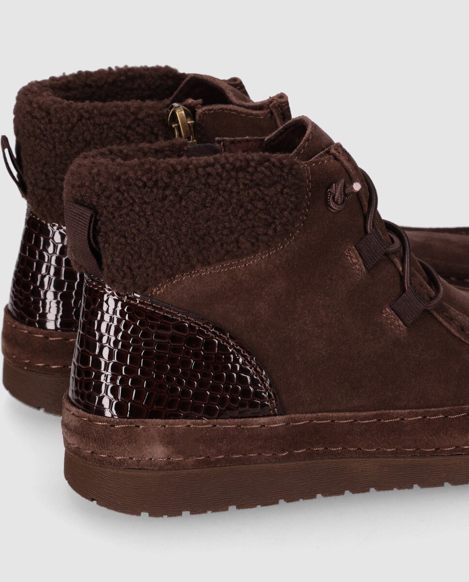 Zapatillas altas de mujer en serraje con interior efecto borreguito y mezcla de texturas - Chika10 - Marrón Marrón-5