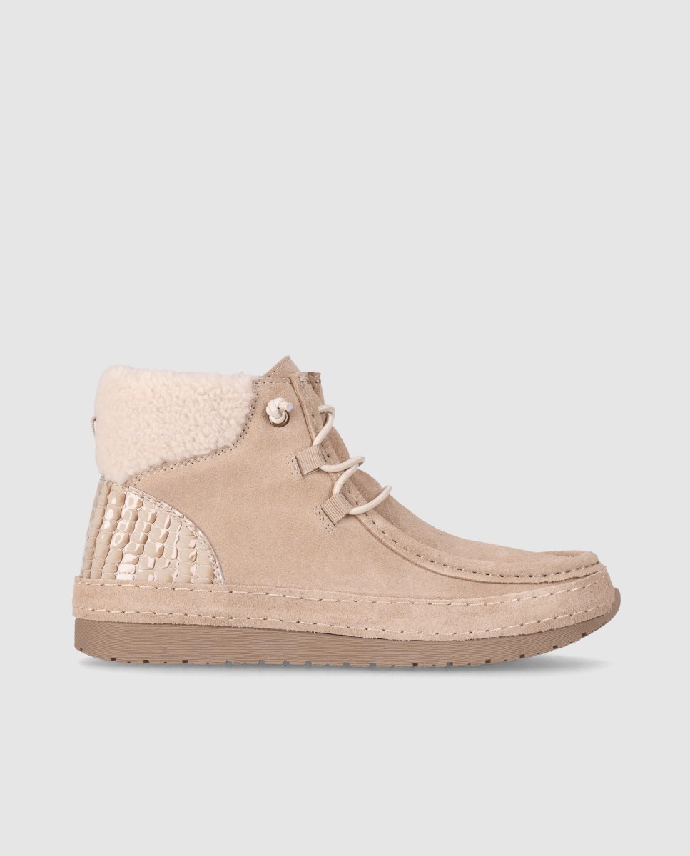 Zapatillas altas de mujer en serraje con interior efecto borreguito y mezcla de texturas - Chika10 - Topo Topo-1