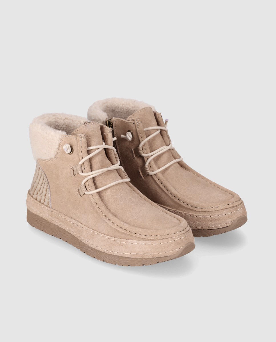 Zapatillas altas de mujer en serraje con interior efecto borreguito y mezcla de texturas - Chika10 - Topo Topo-3