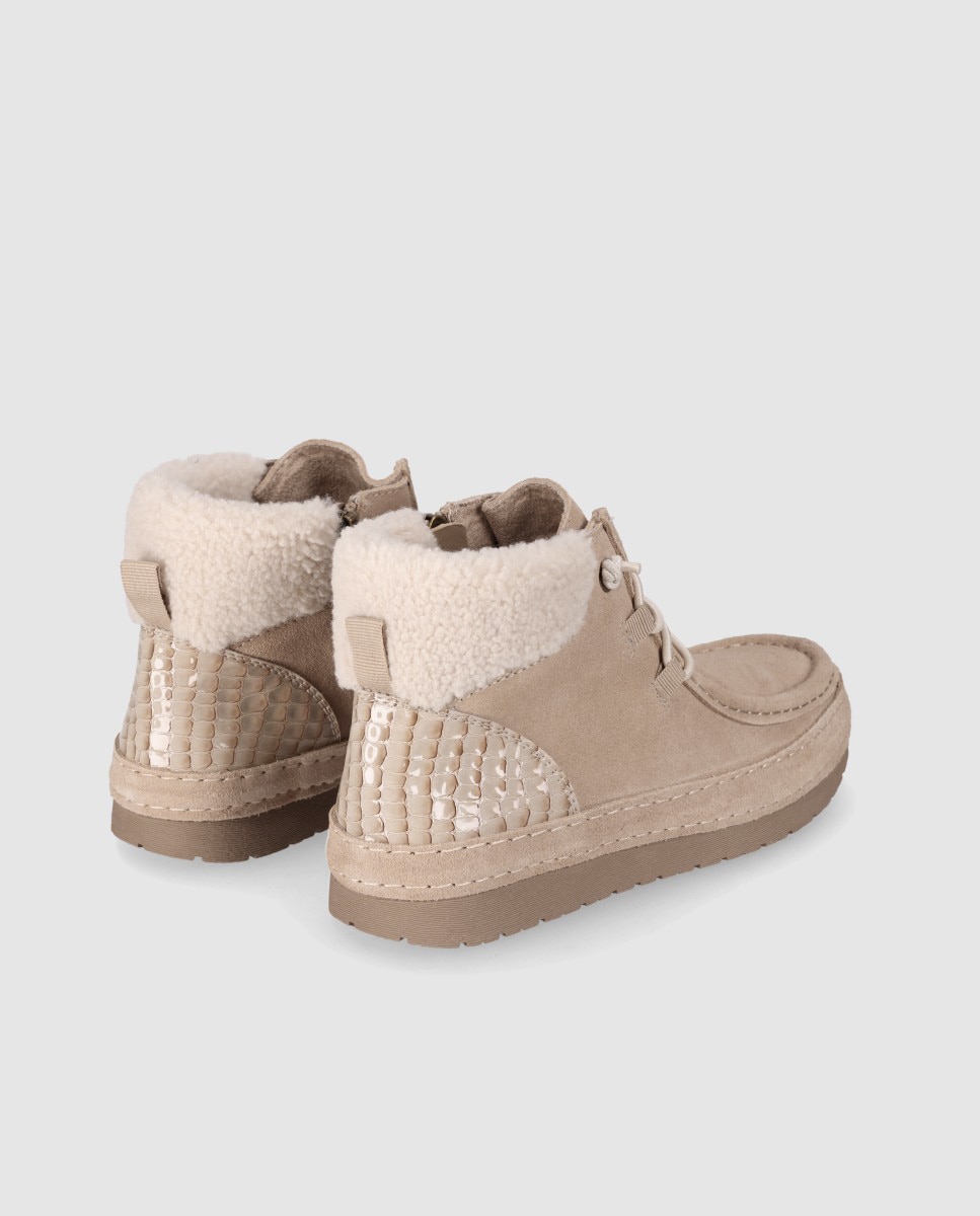 Zapatillas altas de mujer en serraje con interior efecto borreguito y mezcla de texturas - Chika10 - Topo Topo-2