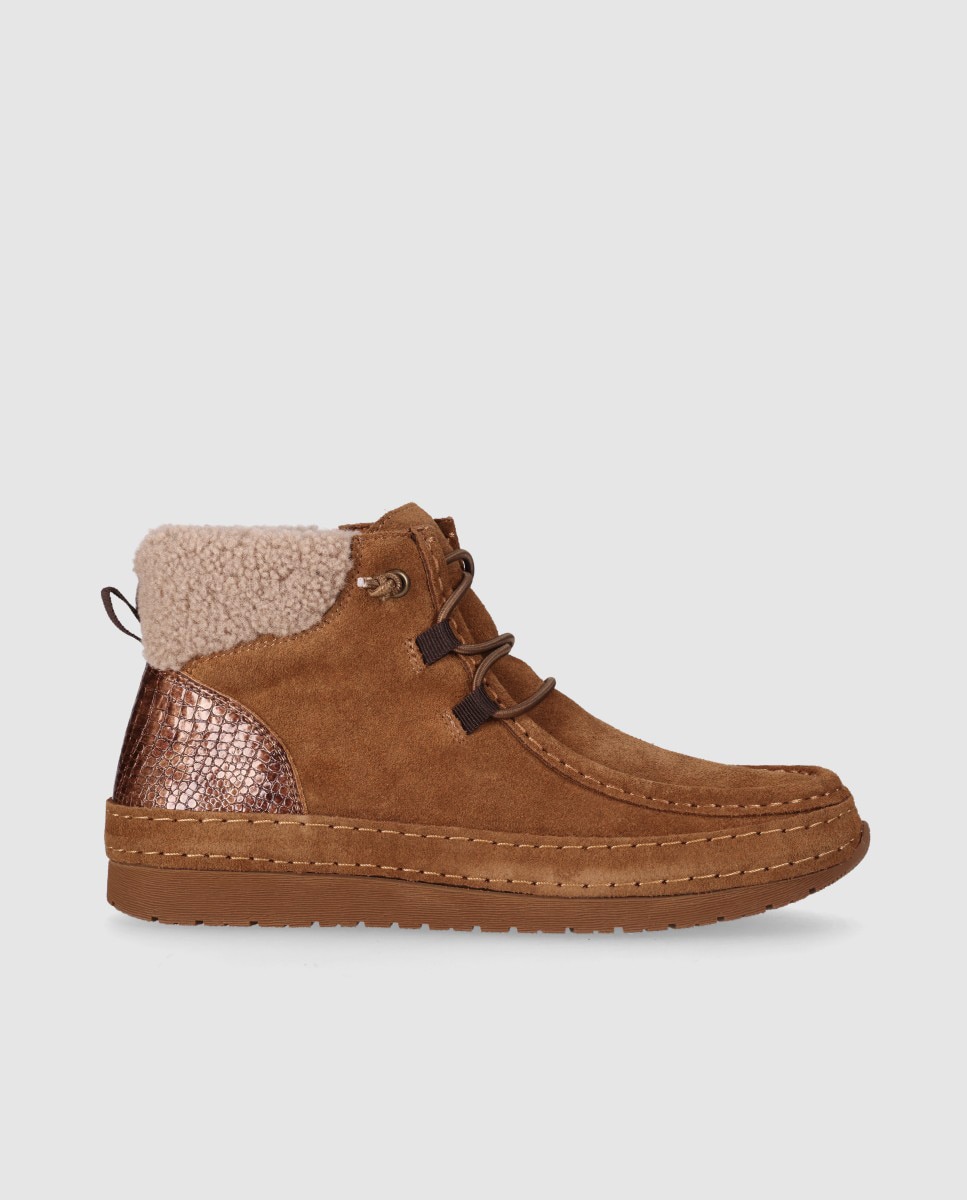 Zapatillas altas de mujer en serraje con interior efecto borreguito y mezcla de texturas - Chika10 - Marrón claro Marrón claro-1