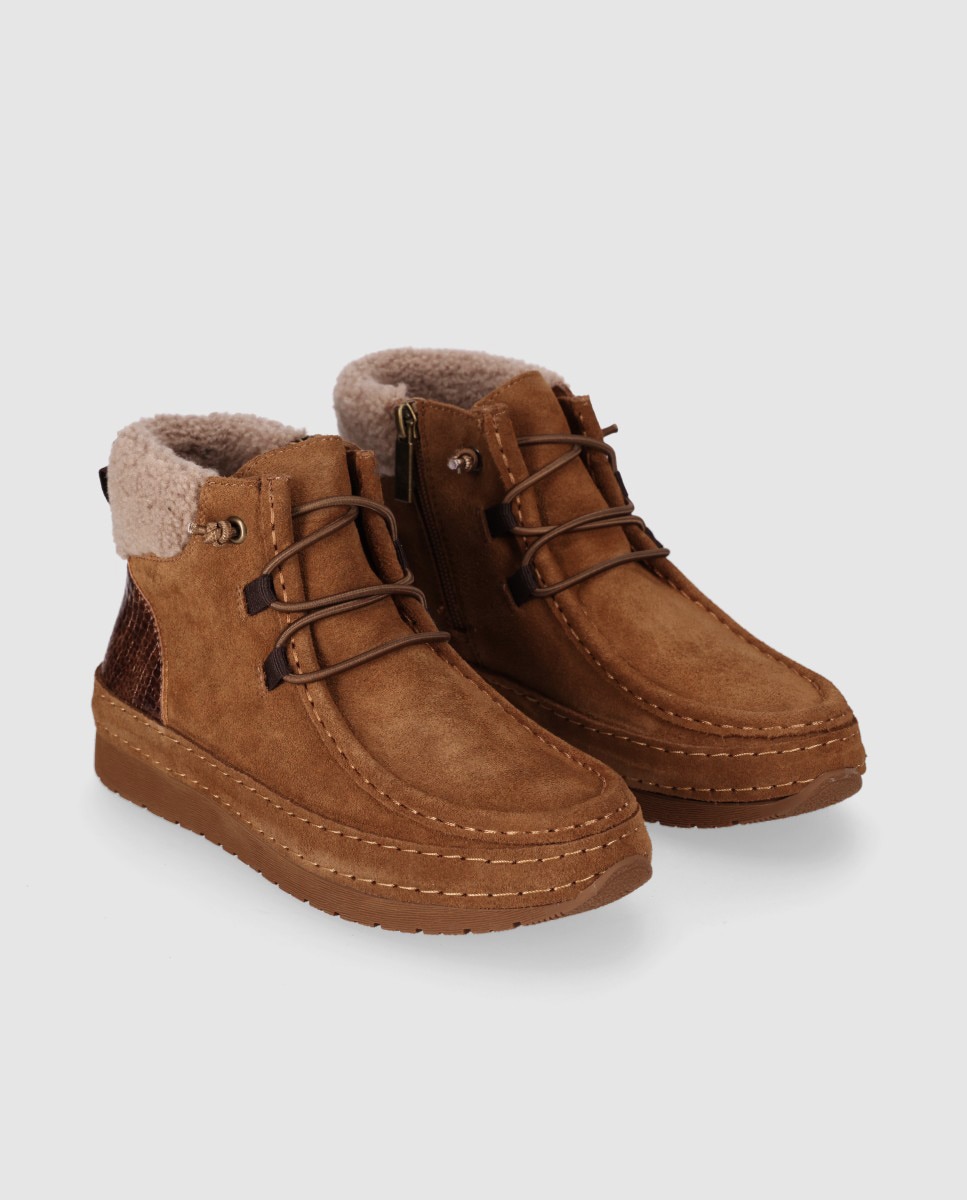 Zapatillas altas de mujer en serraje con interior efecto borreguito y mezcla de texturas - Chika10 - Marrón claro Marrón claro-3