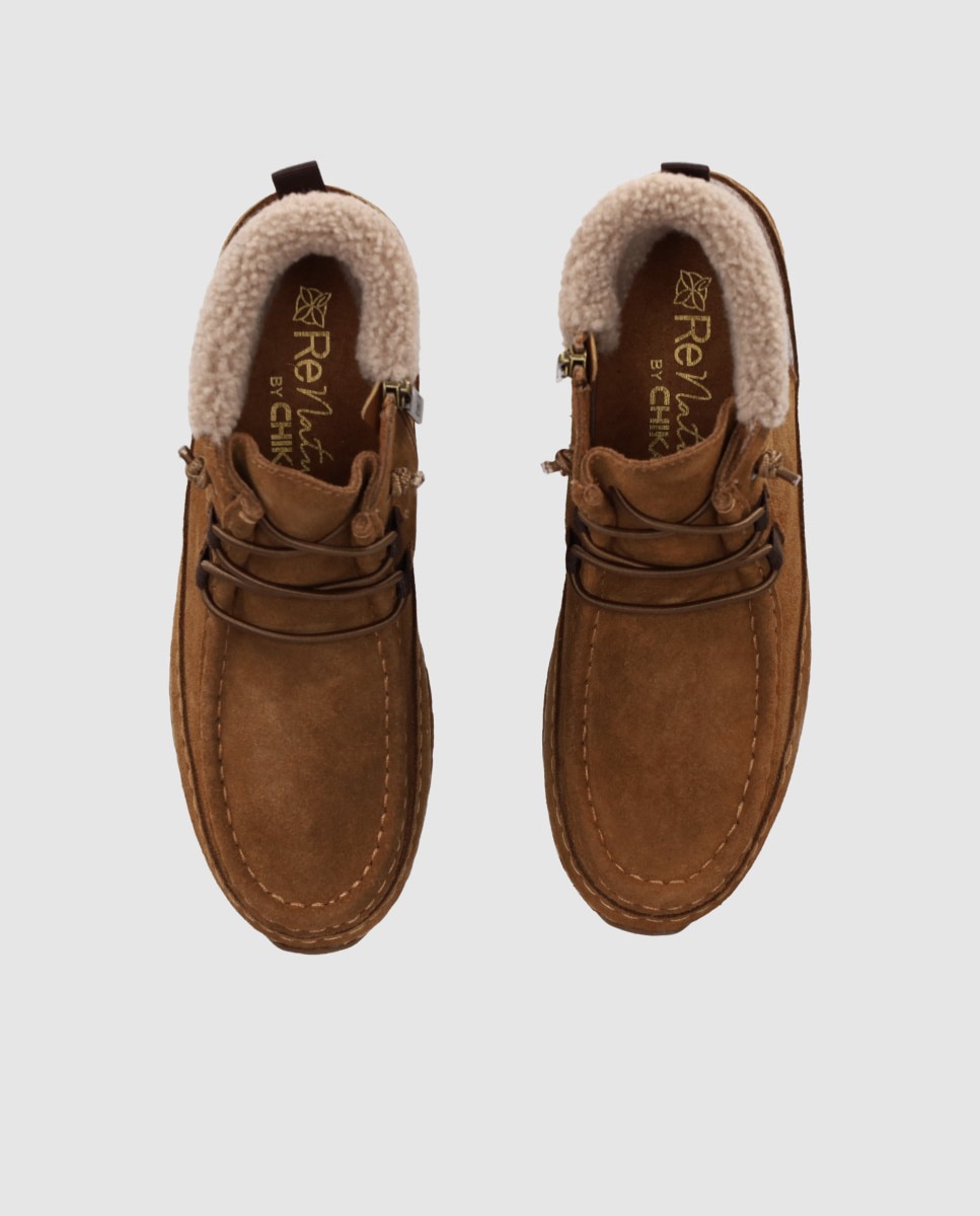 Zapatillas altas de mujer en serraje con interior efecto borreguito y mezcla de texturas - Chika10 - Marrón claro Marrón claro-4