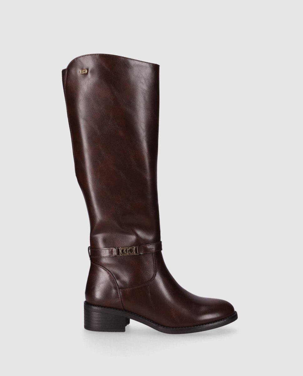 Botas básicas de mujer de caña alta con panel elástico trasero - Chika10 - Marrón Marrón-1