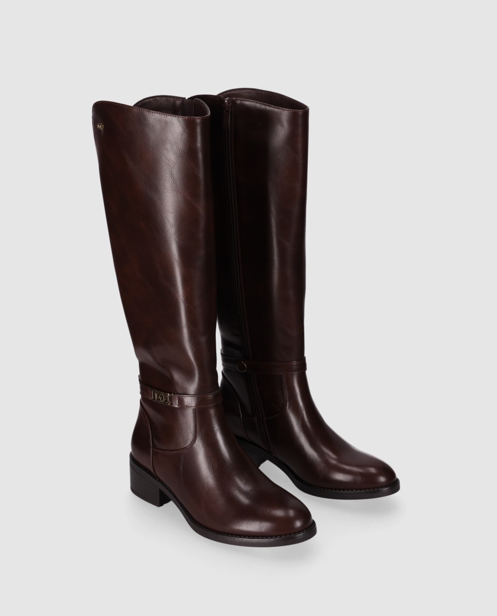 Botas básicas de mujer de caña alta con panel elástico trasero - Chika10 - Marrón Marrón-2