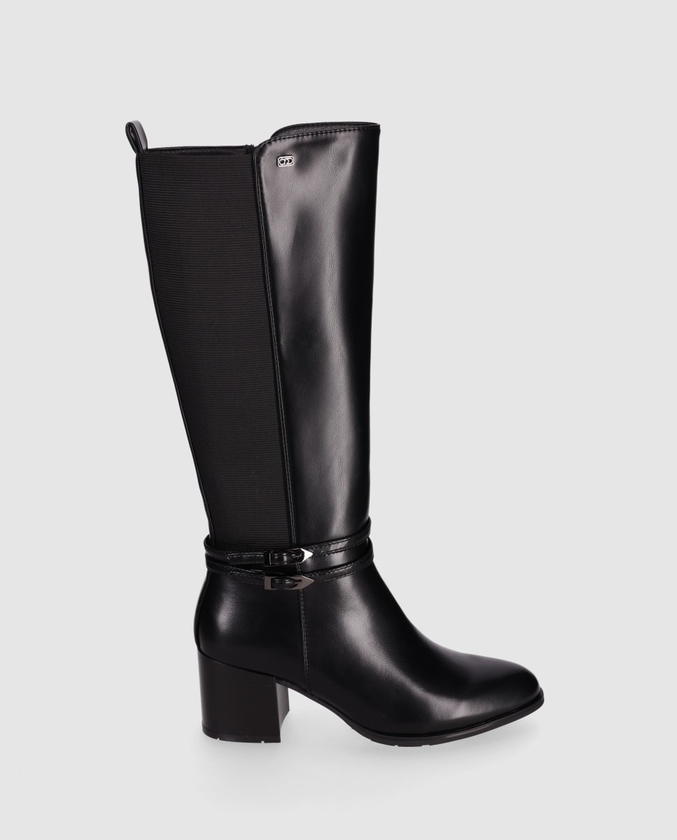 Botas básicas de mujer con tacón ancho y panle trasero elástico - Chika10 - Negro Negro-1