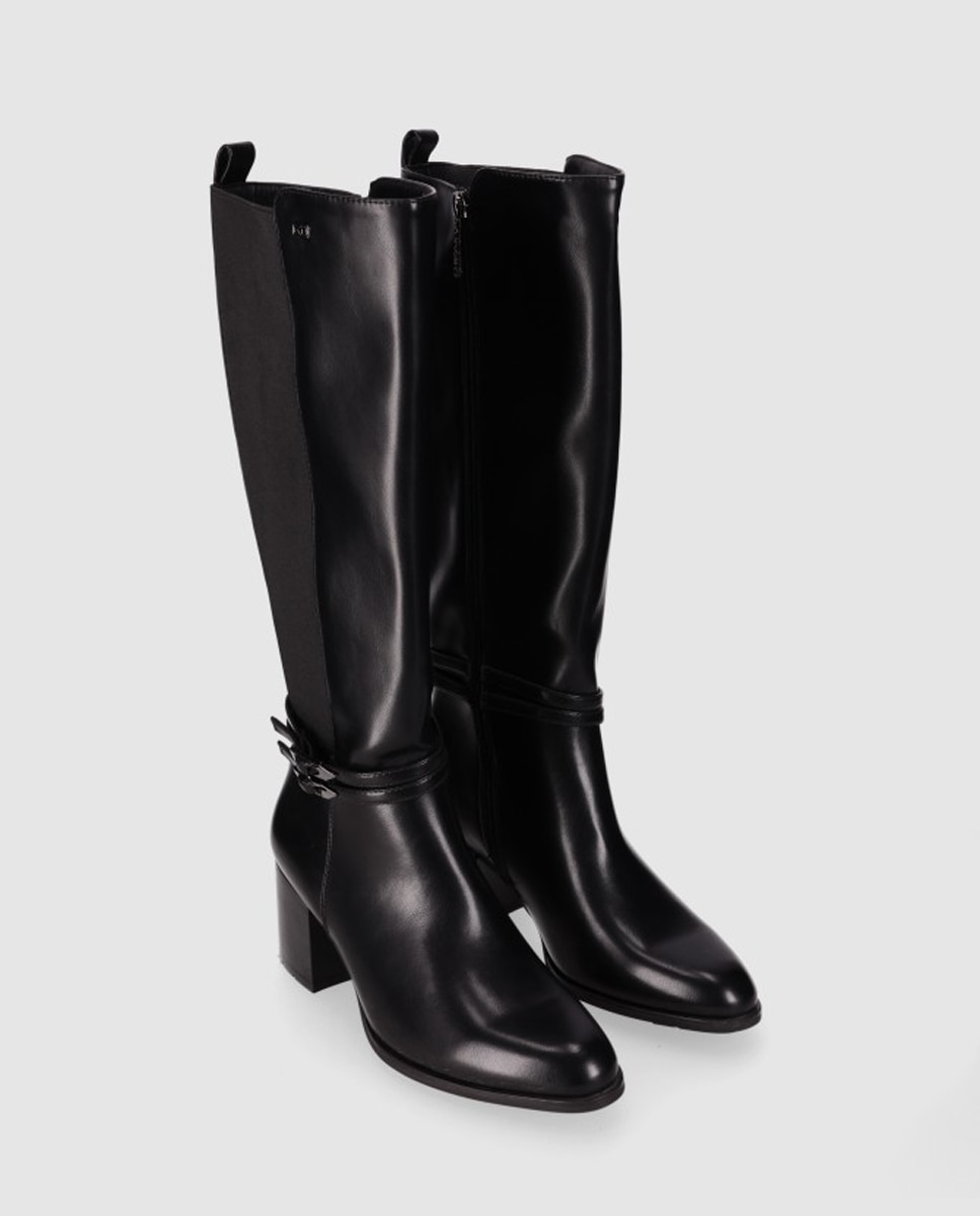 Botas básicas de mujer con tacón ancho y panle trasero elástico - Chika10 - Negro Negro-3