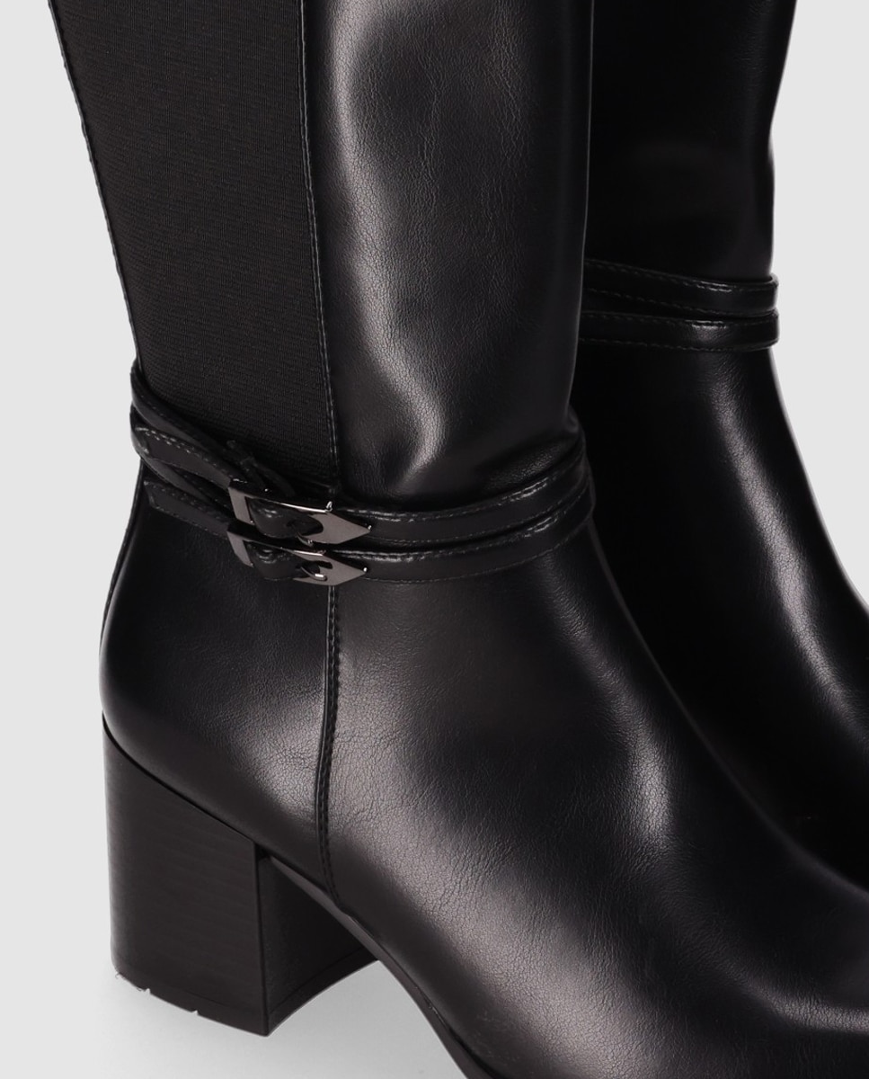 Botas básicas de mujer con tacón ancho y panle trasero elástico - Chika10 - Negro Negro-4