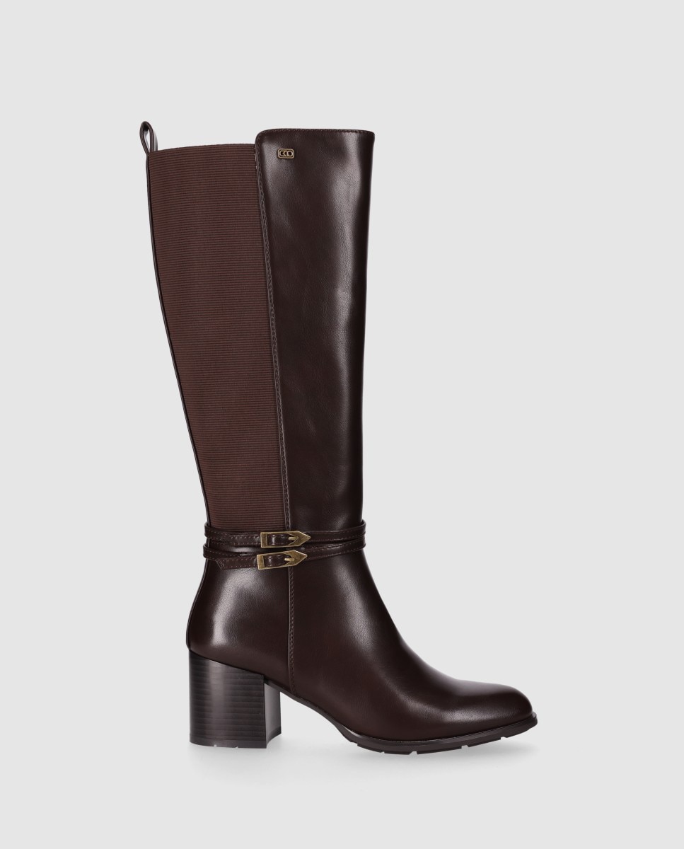 Botas básicas de mujer con tacón ancho y panle trasero elástico - Chika10 - Marrón Marrón-1