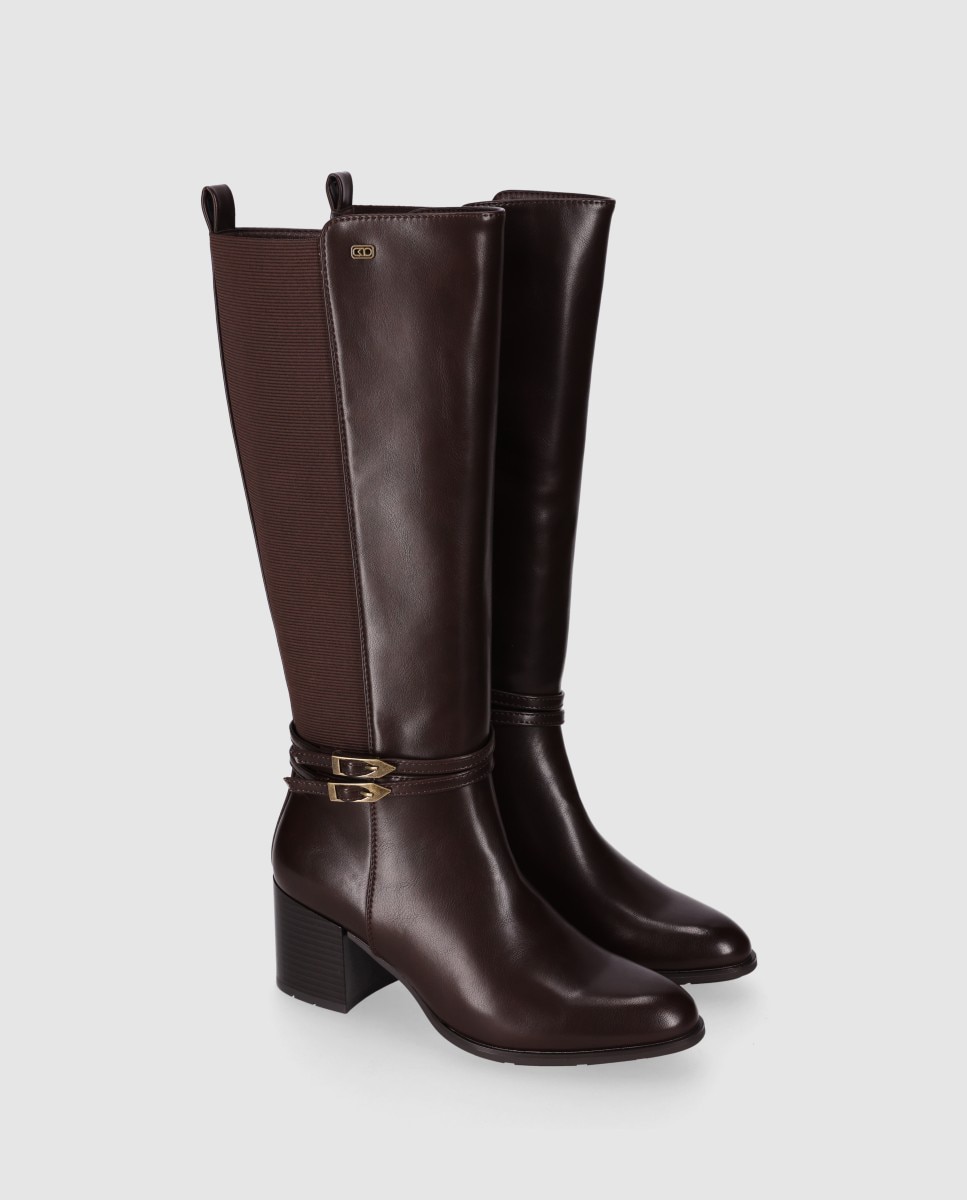 Botas básicas de mujer con tacón ancho y panle trasero elástico - Chika10 - Marrón Marrón-3