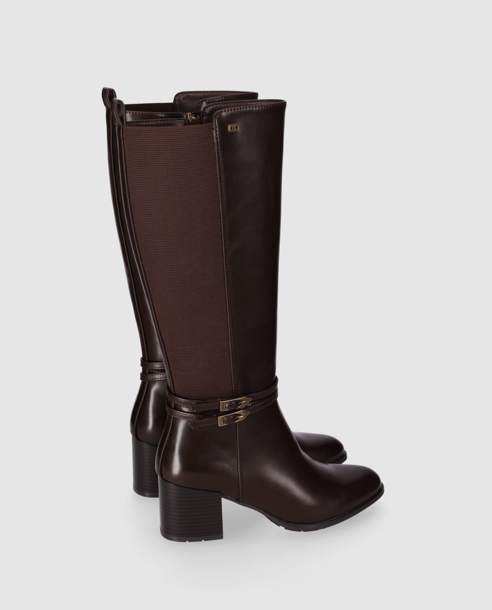 Botas básicas de mujer con tacón ancho y panle trasero elástico - Chika10 - Marrón Marrón-2