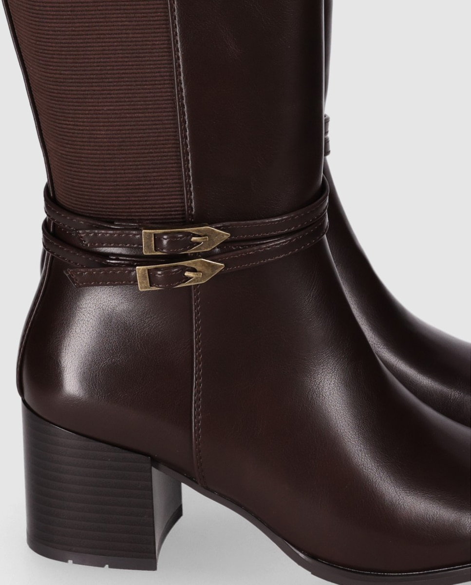 Botas básicas de mujer con tacón ancho y panle trasero elástico - Chika10 - Marrón Marrón-4