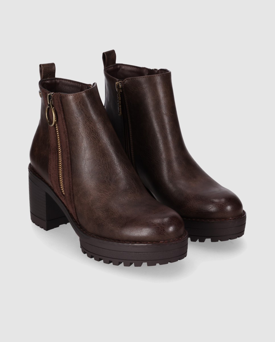 Botines con suela track de mujer de estilo urbano con cierre de cremallera lateral - Chika10 - Marrón Marrón-3