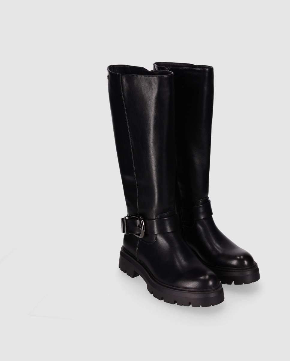 Botas suela track de mujer con caña alta y tira envolvente con hebilla metálica decorativa - Chika10 - Negro Negro-3