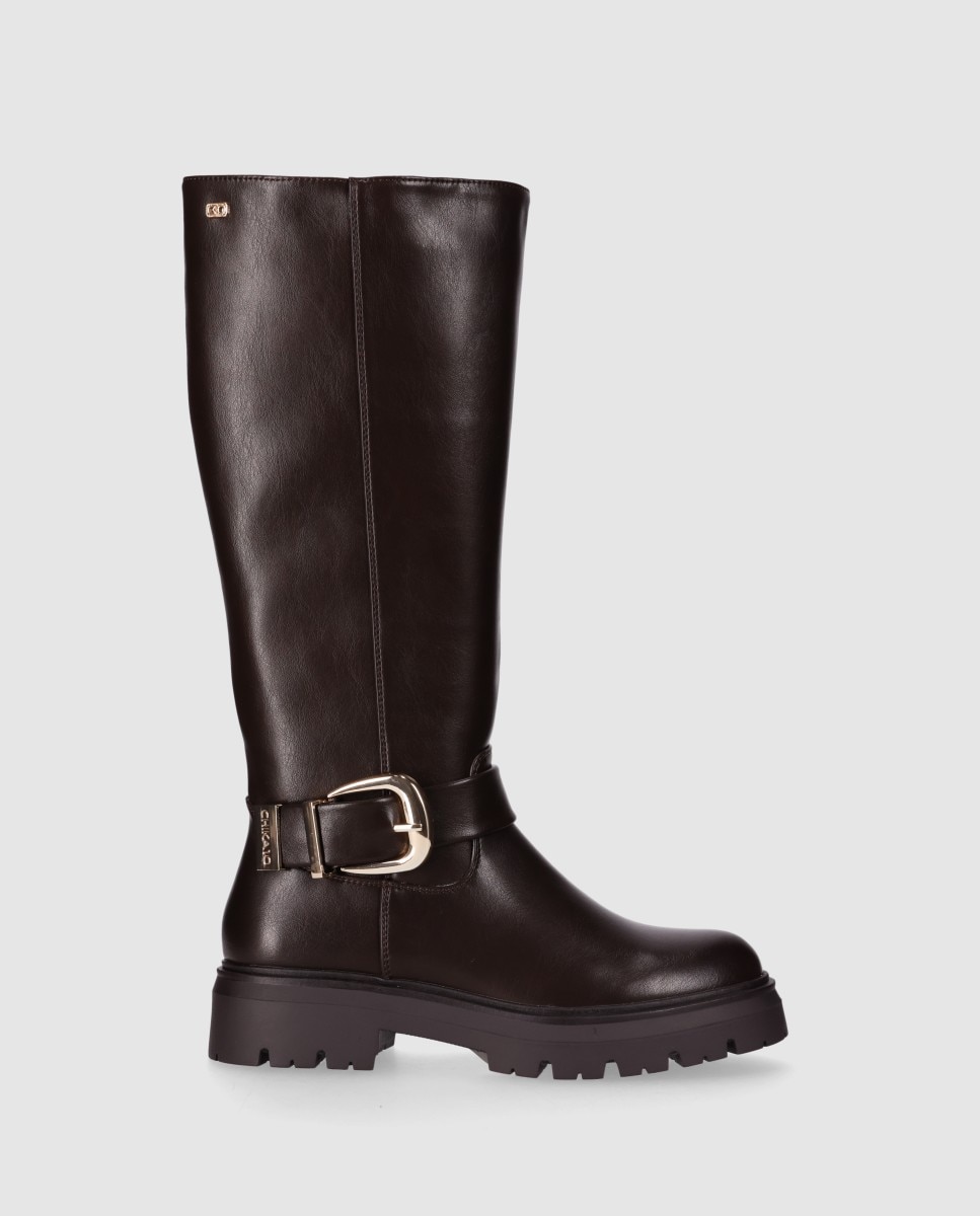 Botas suela track de mujer con caña alta y tira envolvente con hebilla metálica decorativa - Chika10 - Marrón Marrón-1