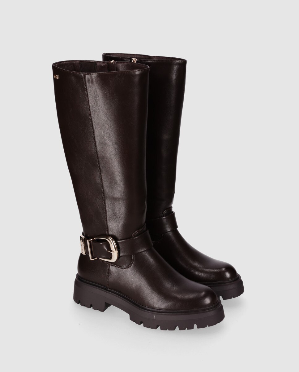 Botas suela track de mujer con caña alta y tira envolvente con hebilla metálica decorativa - Chika10 - Marrón Marrón-3