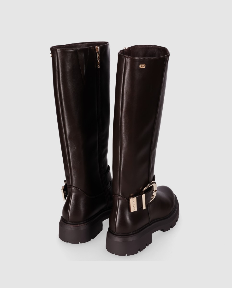 Botas suela track de mujer con caña alta y tira envolvente con hebilla metálica decorativa - Chika10 - Marrón Marrón-2