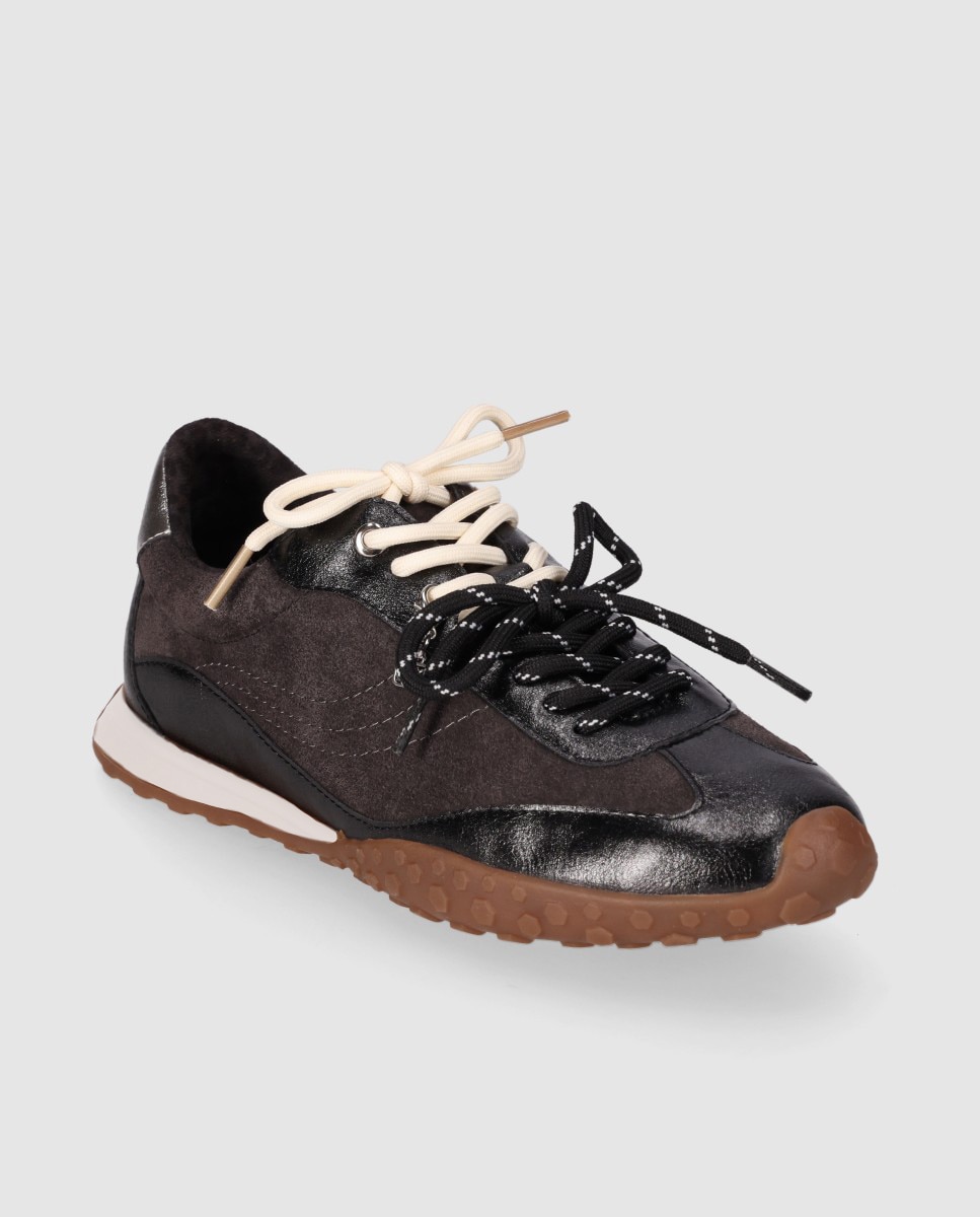 Zapatillas retro de mujer con acabados en piel de serraje con estilo casual y suela bicolor - Chika10 - Gris Gris-3