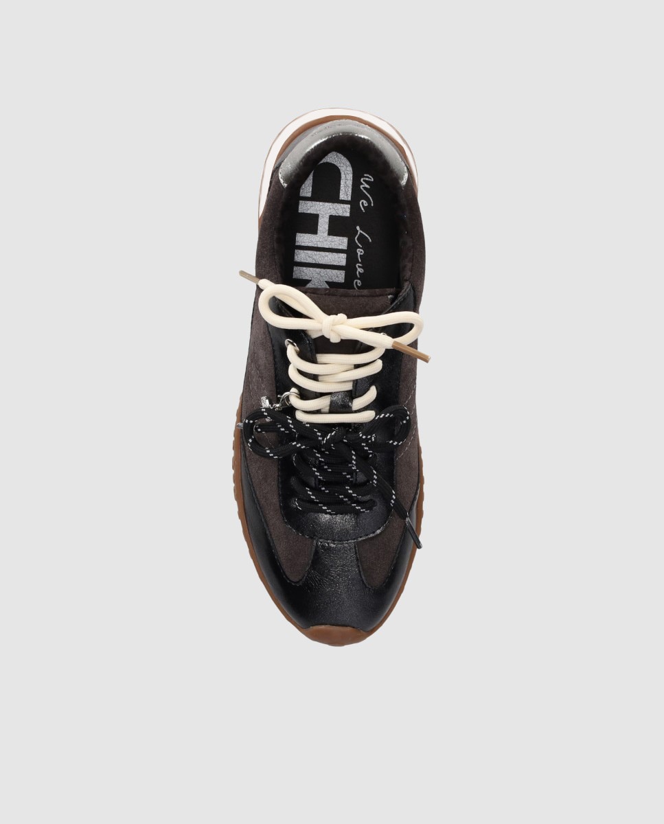 Zapatillas retro de mujer con acabados en piel de serraje con estilo casual y suela bicolor - Chika10 - Gris Gris-4