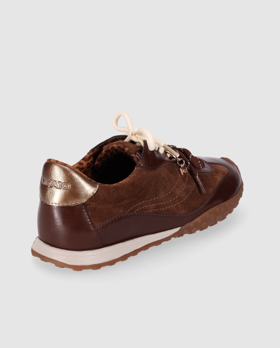 Zapatillas retro de mujer con acabados en piel de serraje con estilo casual y suela bicolor - Chika10 - Marrón claro Marrón claro-2