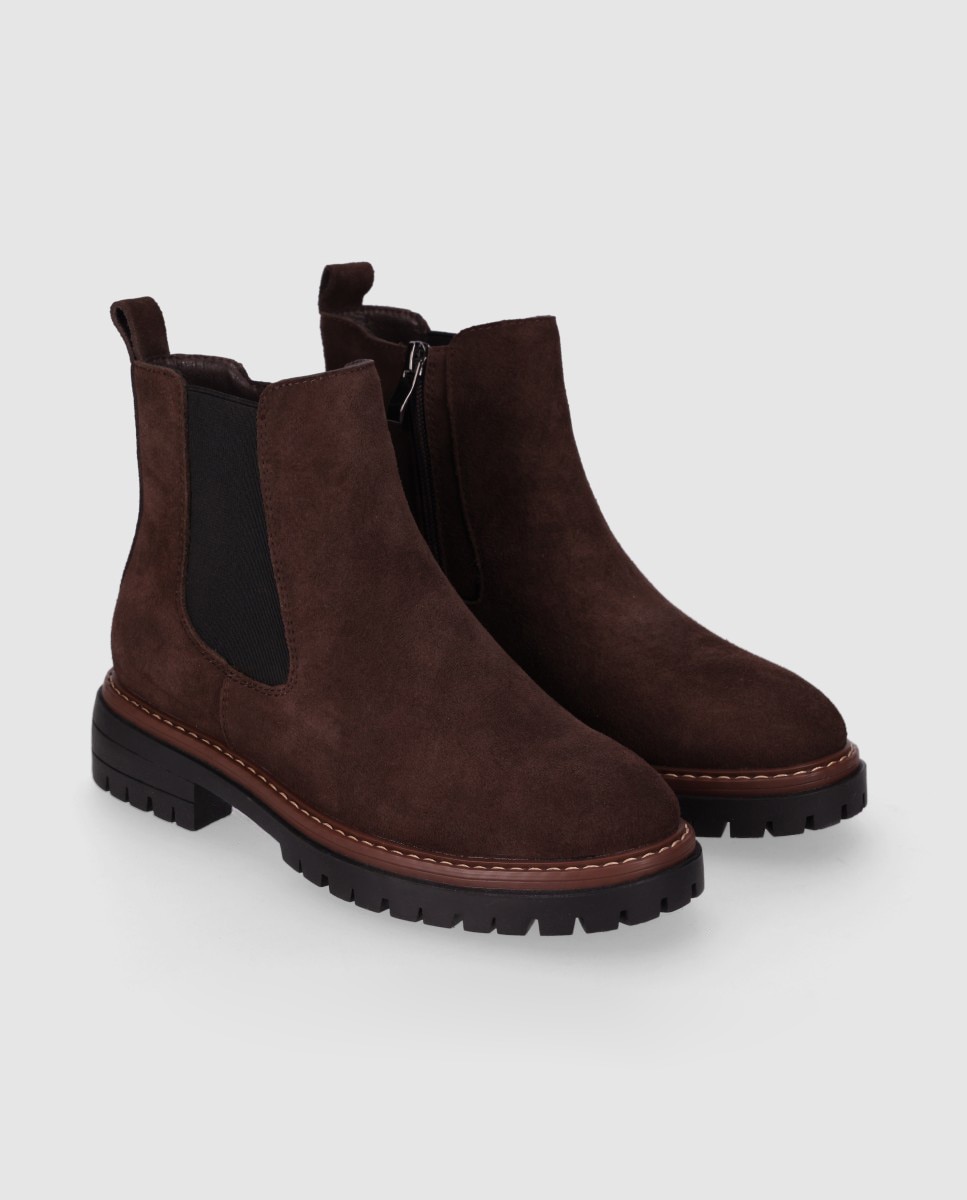 Botines chelsea de mujer en piel de serraje con suela track y diseño robusto - Chika10 - Marrón Marrón-3