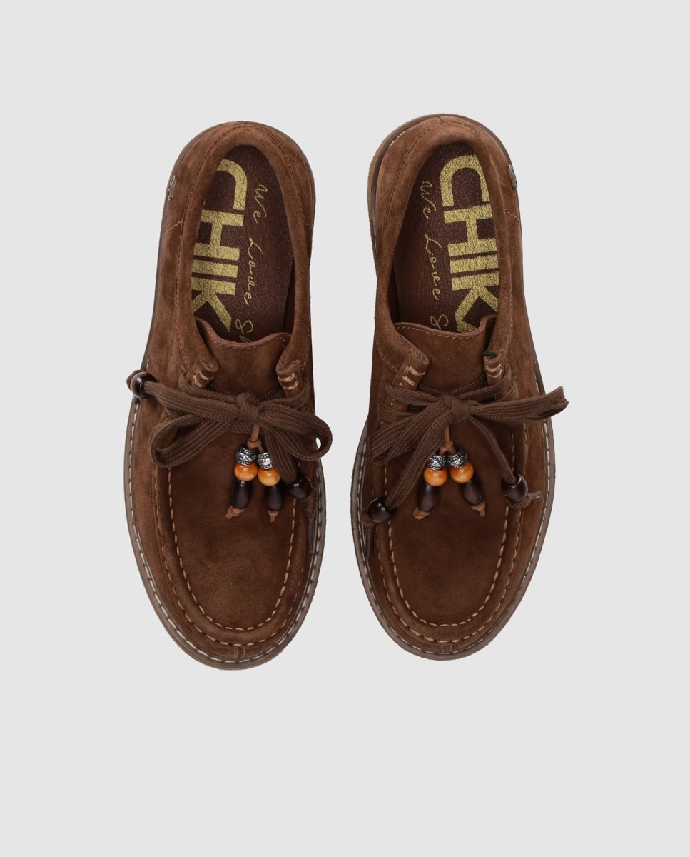 Zapatos de cordones de mujer confeccionados en piel con puntera redonda y abalorios decorativos - Chika10 - Marrón claro Marrón claro-4