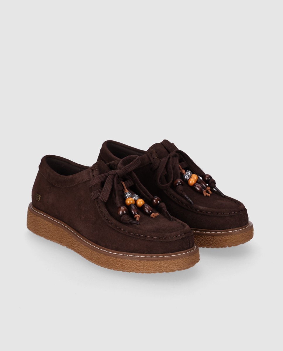 Zapatos de cordones de mujer confeccionados en piel con puntera redonda y abalorios decorativos - Chika10 - Marrón Marrón-3