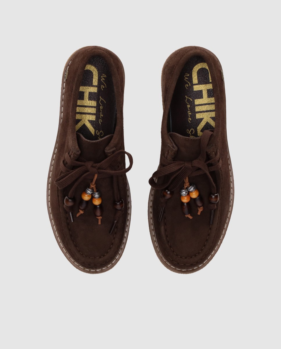 Zapatos de cordones de mujer confeccionados en piel con puntera redonda y abalorios decorativos - Chika10 - Marrón Marrón-4