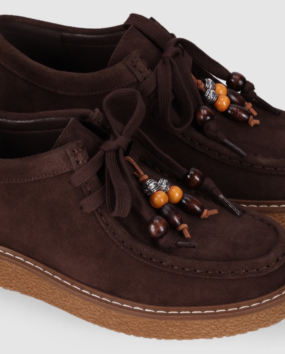Zapatos de cordones de mujer confeccionados en piel con puntera redonda y abalorios decorativos - Chika10 - Marrón Marrón-5