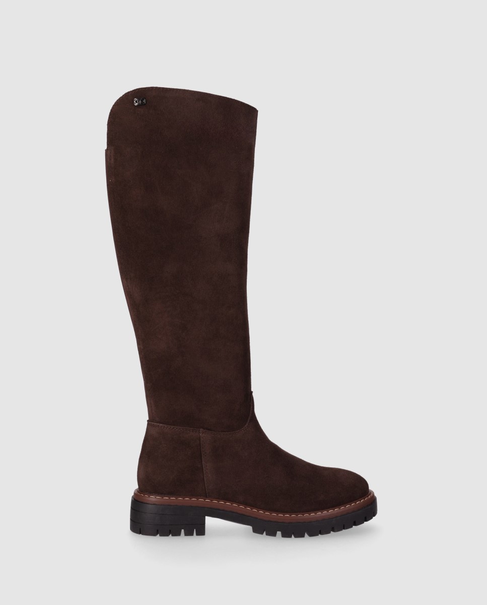 Botas suela track de mujer relizadas en piel de serraje con puntera redonda y diseño robusto - Chika10 - Marrón Marrón-1