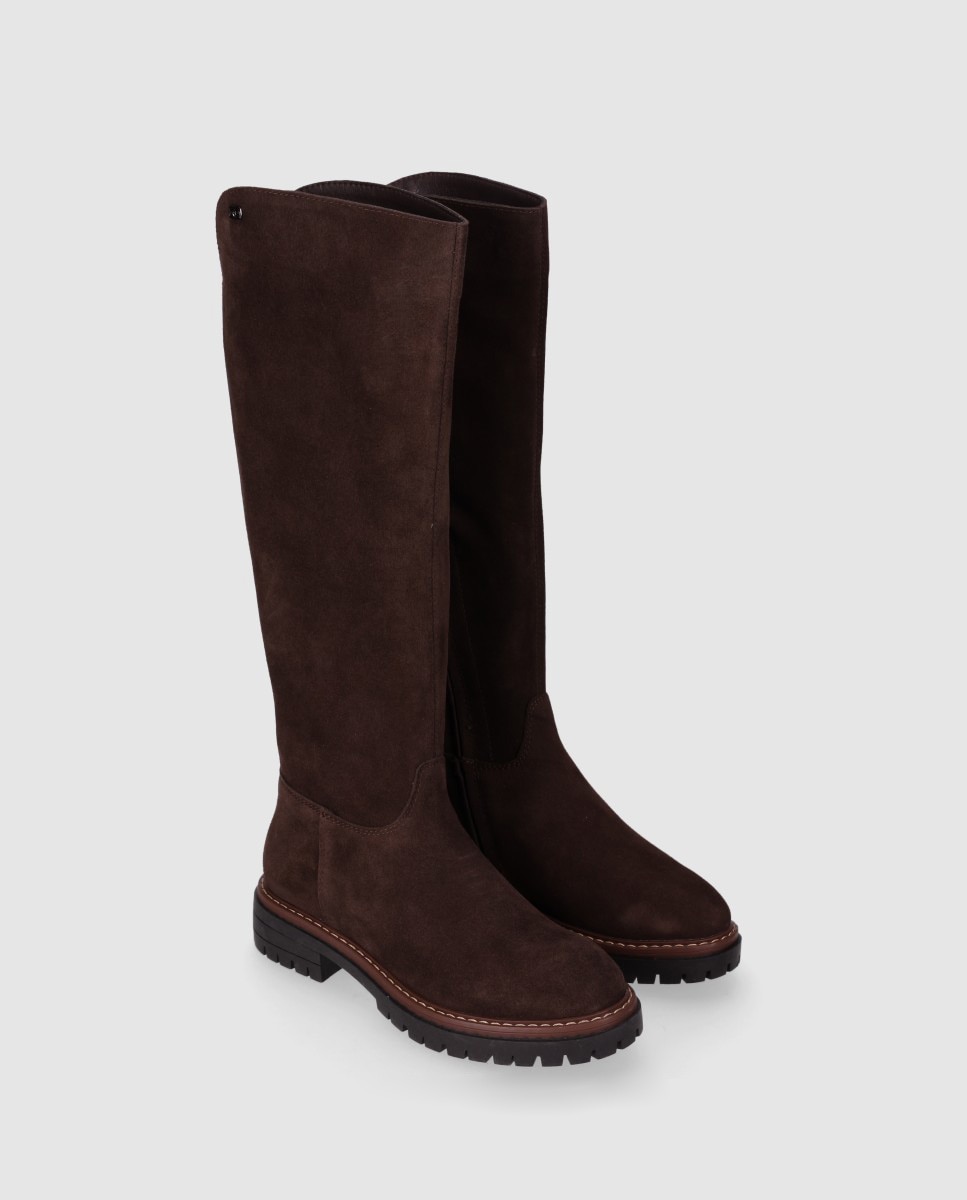 Botas suela track de mujer relizadas en piel de serraje con puntera redonda y diseño robusto - Chika10 - Marrón Marrón-3