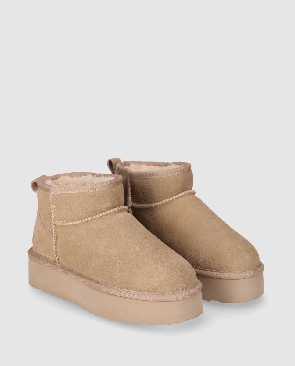 Botines de pelo de mujer en piel de serraje con suela ligera y estética comfy-urbana - Chika10 - Beige Beige-3
