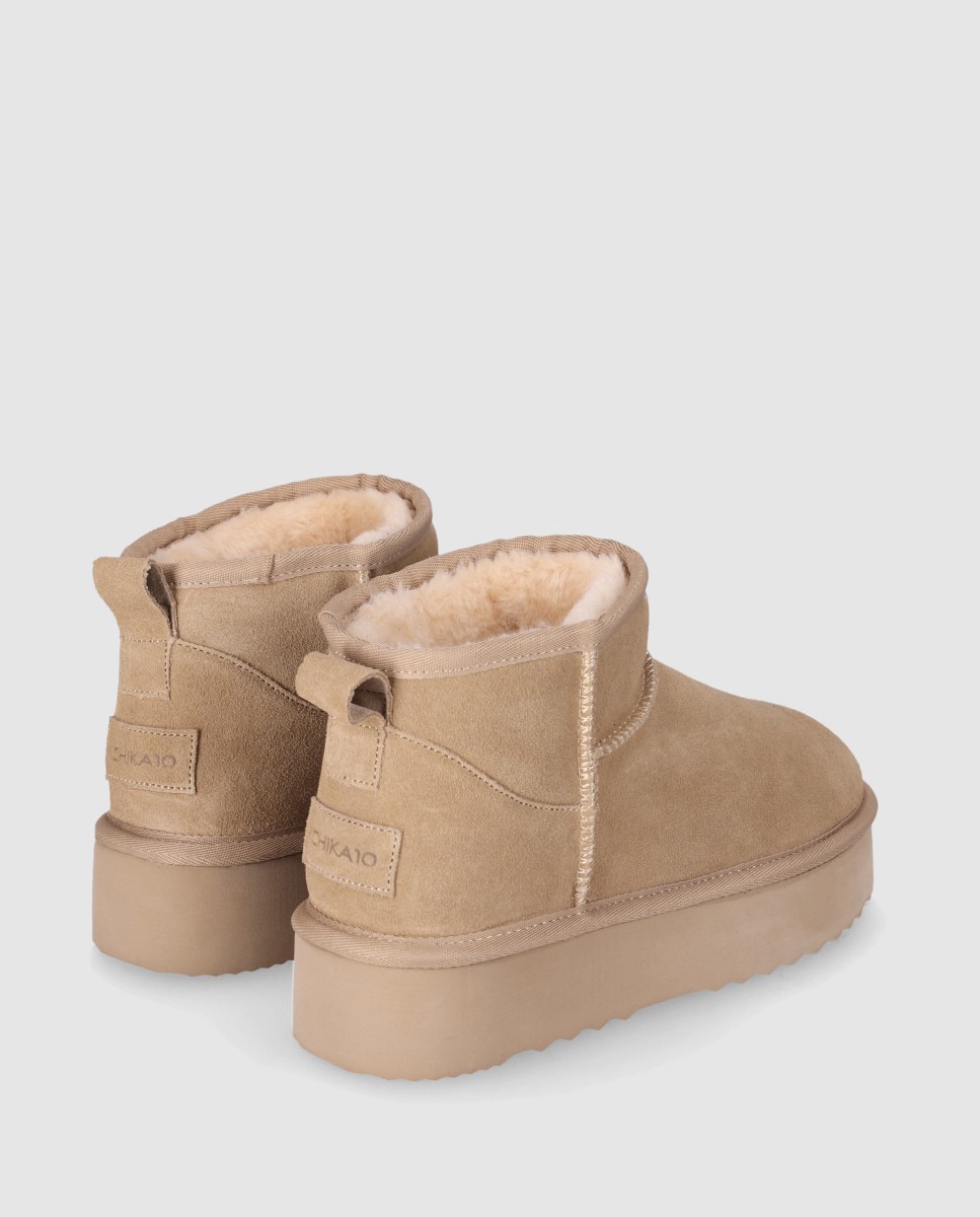 Botines de pelo de mujer en piel de serraje con suela ligera y estética comfy-urbana - Chika10 - Beige Beige-2