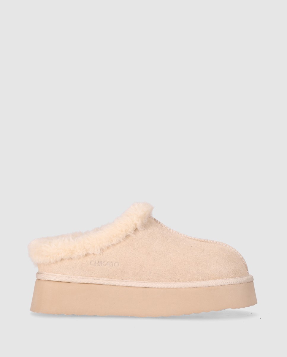 Zuecos planos de mujer en piel de serraje con suela ligera y acabado suave - Chika10 - Beige Beige-1
