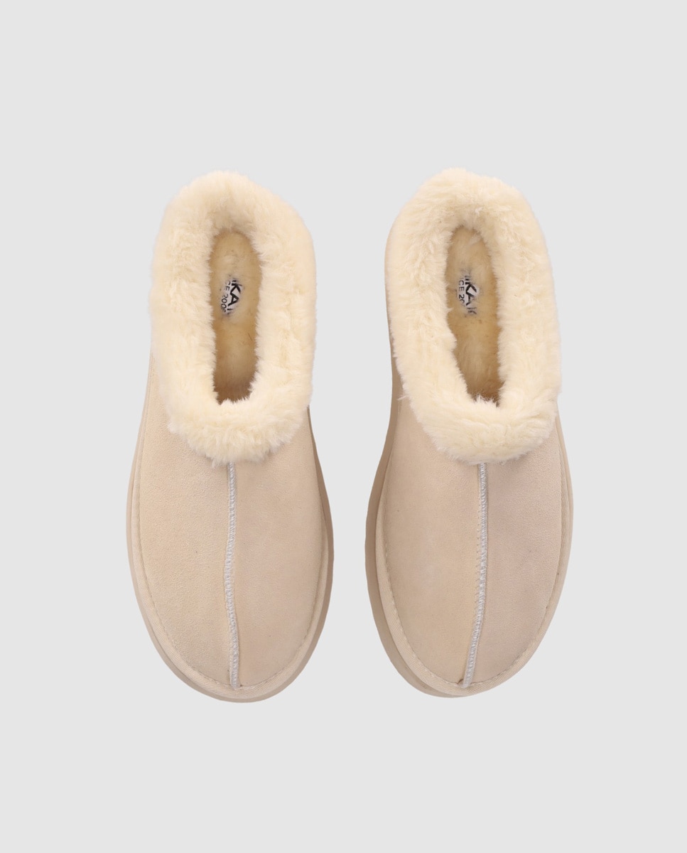 Zuecos planos de mujer en piel de serraje con suela ligera y acabado suave - Chika10 - Beige Beige-4