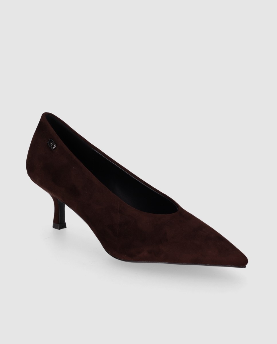 Zapatos de salón de mujer con acabado textil, puntera afilada y tacón fino - Chika10 - Marrón Marrón-3
