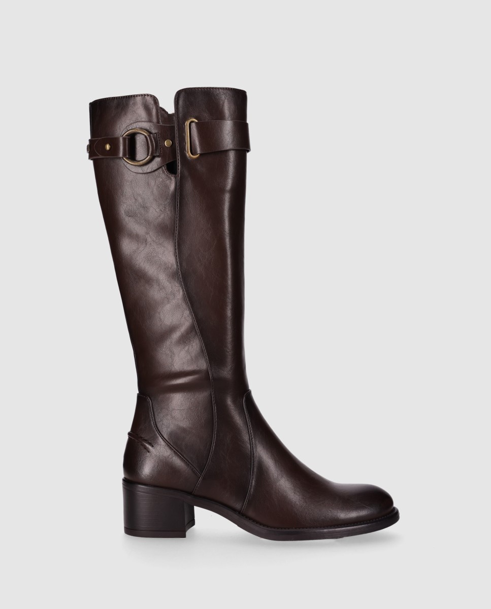 Botas básicas de mujer de tacón medio con puntera redonda y caña alta - Chika10 - Marrón Marrón-1